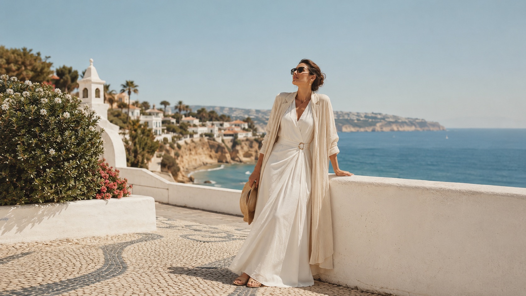 Vestido de linho branco à beira-mar, estilo resort